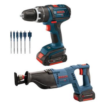 Bosch CLPK273-181 18V 2-Tool Drill, Reciprocating Saw, DSB5006 Spade Bit Set