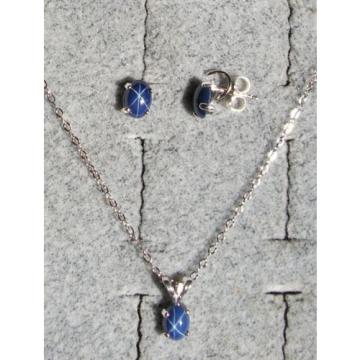 LINDE LINDY CF BLUE STAR SAPPHIRE CREATED 925 SS STUD EARRING PENDANT CHAIN SET