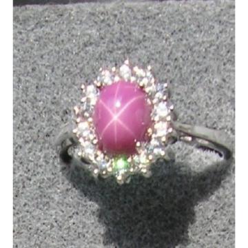VINTAGE UNSIGN LINDE LINDY PINK STAR RUBY CREATED SAPPHIRE HALO RING RD PL .925