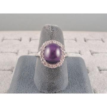 VINTAGE LINDE LINDY PERIWINKLE STAR SAPPHIRE CREATED HALO RING RD PLT .925 SS