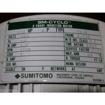 origin 1/2 hp Sumitomo SM-Cyclo Gear reducer 460V,  CNHMS05-4105YB-59 output 297