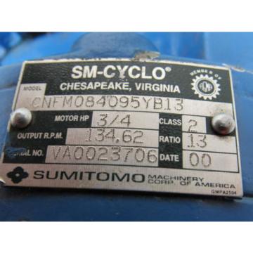 Sumitomo SM-Cyclo CNFM084095YB13 3/4HP Gear Motor 13:1 Ratio 208-230/460V 3Ph
