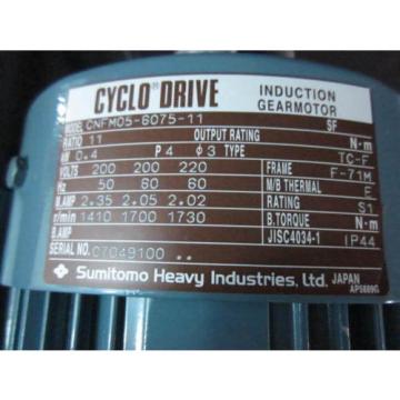SUMITOMO CNFM05-6075-11 CYCLO DRIVE INDUCTION GEARMOTOR; MOTOR, W/REDUCER GEAR