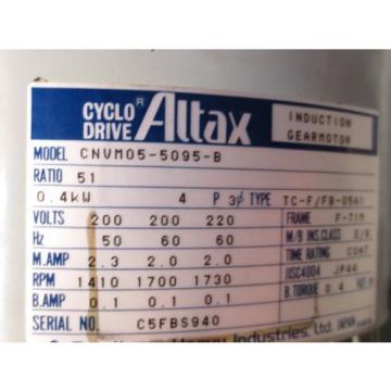 SUMITOMO ALTAX CYCLO DRIVE INDUCTION GEAR MOTOR CNVM05-5095-B TC-F/FB-05A1