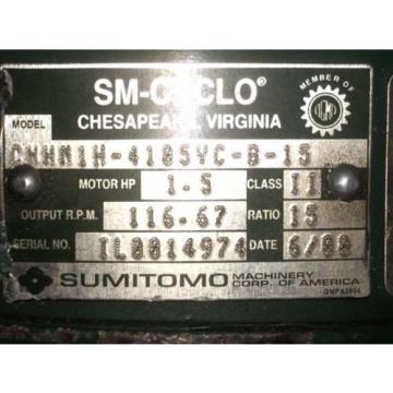 Sumitomo Cyclo gearmotor CNHM-1H-4105YC-B-15, 117 rpm, 15:1,15hp, 230/460,BRAKE