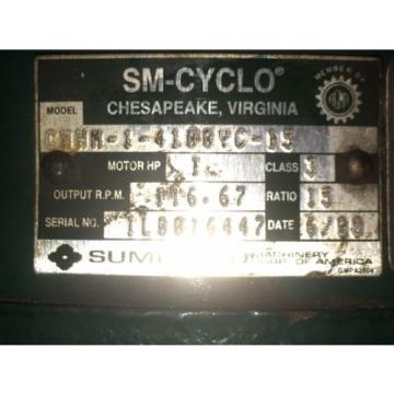 Sumitomo Cyclo gearmotor CNHM-1-4100YC-15, 117 rpm, 15:1,1hp, 230/460, inline