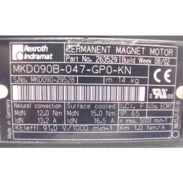 REXROTH INDRAMAT  PERMANENT MAGNET MOTOR  MKD090B-047-GP0-KN    60 Day Warranty