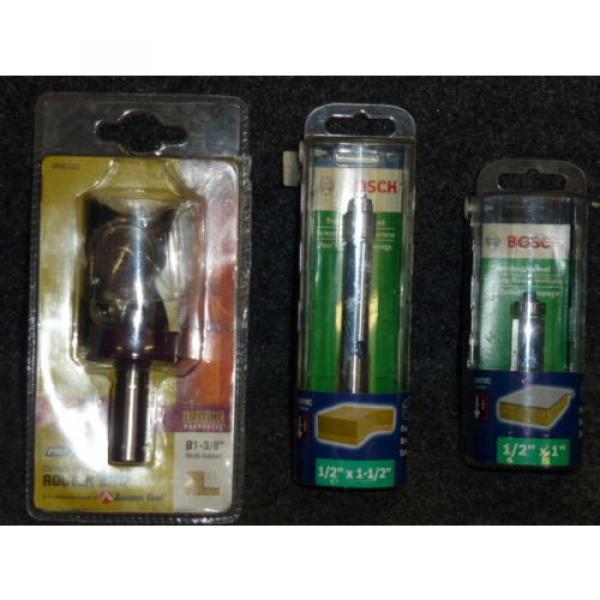 NEW LOT OF (3) ASSORTED ROUTER BITS, BOSCH &amp; AMANA TOOL, TRIMMING &amp; MULTI-RABBET #1 image