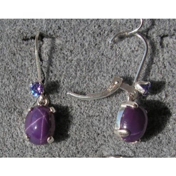 VINTAGE SIGNED PLUM PURPLE LINDE LINDY 9x7M STAR SAPPHIRE CREATED LB EARRINGS SS #5 image