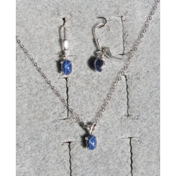 LINDE LINDY CF BLUE STAR SAPPHIRE CREATED 925 SS LBACK EARRING PENDANT CHAIN SET #1 image