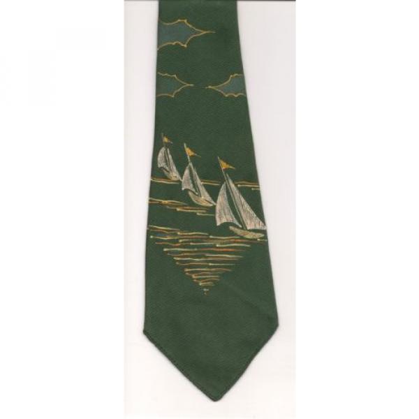 Tie, Linde California Forest Green Pale Yellow White HAND PAINTED Sailboats USA #1 image