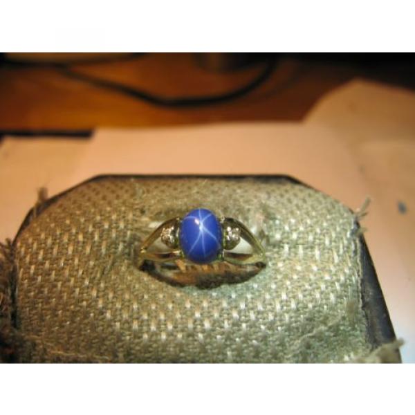 14K WHITE GOLD SIGNED CORNFLOWER BLUE LINDE STAR RING/ DIAMOND ACCENTS SIZE 7.5 #1 image