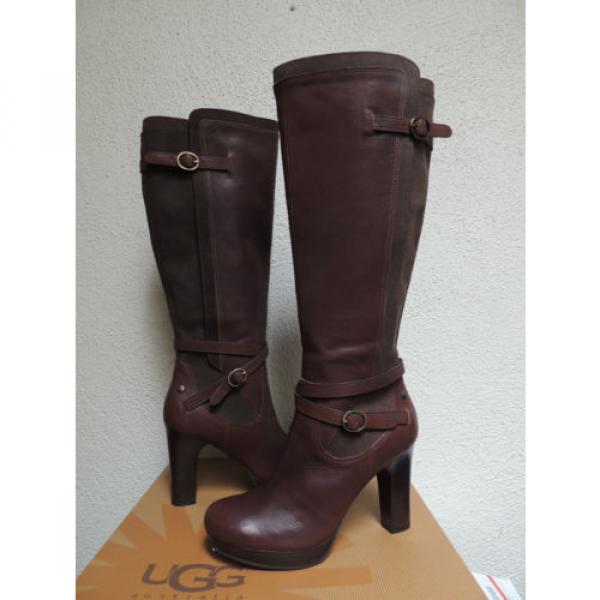 UGG TALL LINDE BROWN LEATHER HARNESS HIGH HEEL BOOTS, US 8.5/ EUR 39.5  ~ NEW #1 image