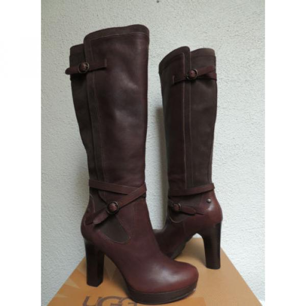 UGG TALL LINDE BROWN LEATHER HARNESS HIGH HEEL BOOTS, US 8.5/ EUR 39.5  ~ NEW #2 image