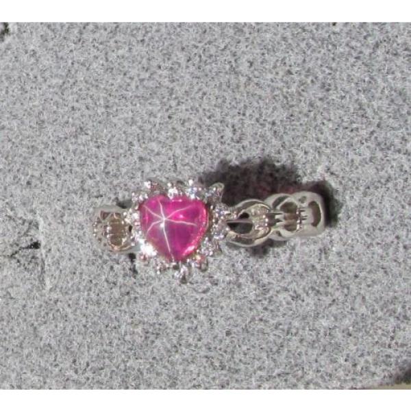 6MM HEART LINDE LINDY RED STAR RUBY CREATED SAPPHIRE 2ND RD PL HALO .925 SS RING #3 image