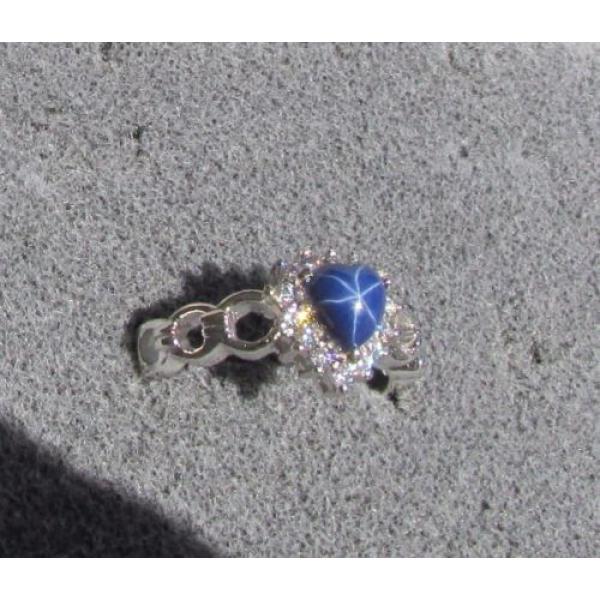 6MM HEART LINDE LINDY CF BLUE STAR SAPPHIRE CREATED 2ND RD PLT HALO .925 SS RING #1 image