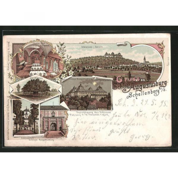 Lithographie Augustusburg, Schloss-Linde, Schloßhof, Speisesaal mit Kamin 1898 #1 image