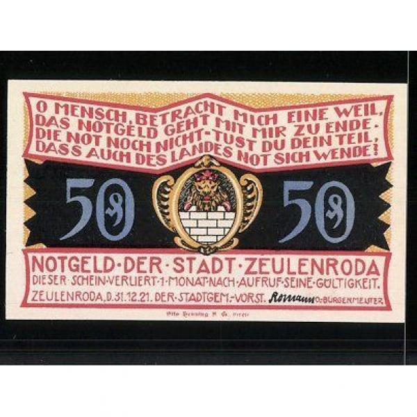 Notgeld Zeulenroda 1921, 50 Pfennig, Stadtwappen, Linde in Wolschendorf #2 image