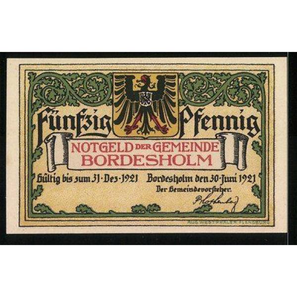 Notgeld Bordesholm 1921, 50 Pfennig, Stadtwappen, die große Linde #2 image