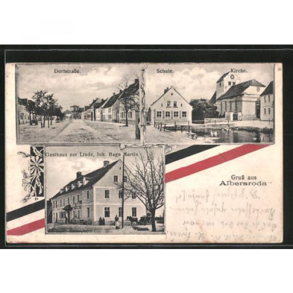 AK Albersroda, Gasthaus zur Linde, Schule, Kirche, Dofstrasse, Reichsfahne 1915 #1 image
