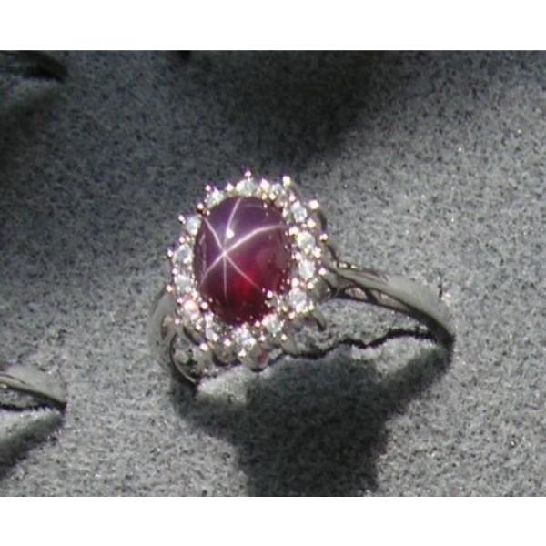 VINTAGE SIGNED LINDE LINDY CLARET RED STAR SAPPHIRE CREATED HALO RING RD PL S/S #1 image