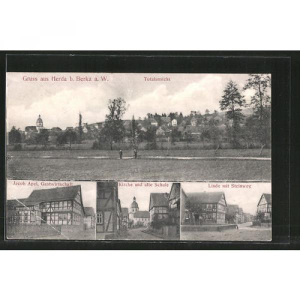AK Herda, Gasthaus J. Apel, Kirche und alte Schule, Linde mit Steinweg 1912 #1 image
