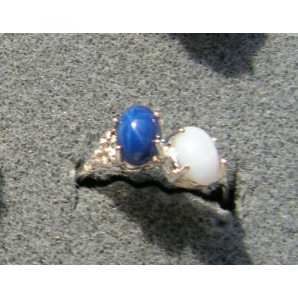 2 7X5 MM LINDE LINDY BLUE / WHITE STAR SAPPHIRE CREATED RUBY SECOND RING .925 SS #1 image