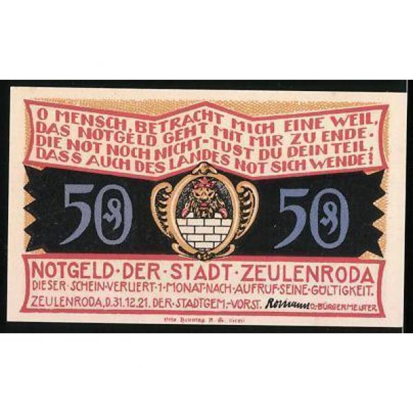 Notgeld Zeulenroda 1921, 50 Pfennig, alte Linde, Wappen #2 image