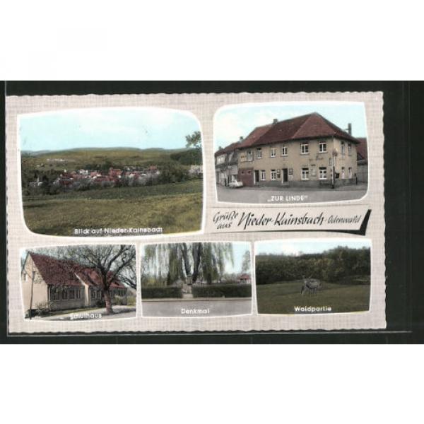AK Nieder-Kainsbach, Gasthaus Zur Linde, Blick auf den Ort, Schulhaus, Denkmal, #1 image