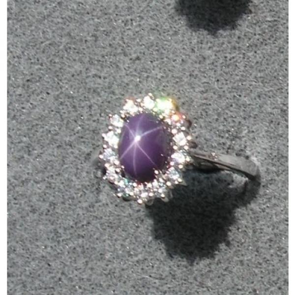 VINTAGE SIGNED LINDE LINDY PLUM PURPLE STAR SAPPHIRE CREATED HALO RING RD PL S/S #1 image