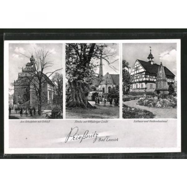 AK Prießnitz, Schulplatz mit Schloß, Kirche mit 500-jähriger Linde, Rathaus und #1 image