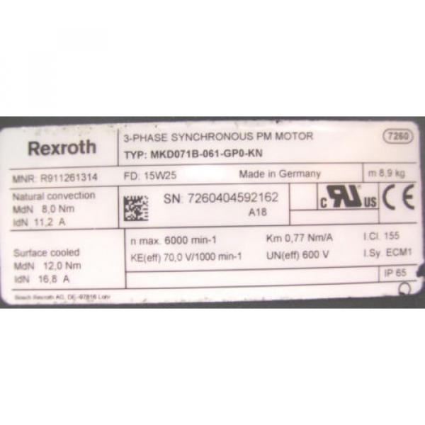 Origin REXROTH INDRAMAT  PM SERVO MOTOR   MKD071B-061-GP0-KN   60 Day Warranty #5 image