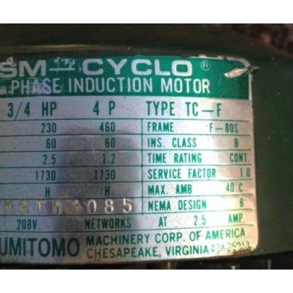 SM CYCLO 3/4 HP 3 PHASE INDUCTION MOTOR WITH SUMITOMO GEAR REDUCER 6:1 #4 image