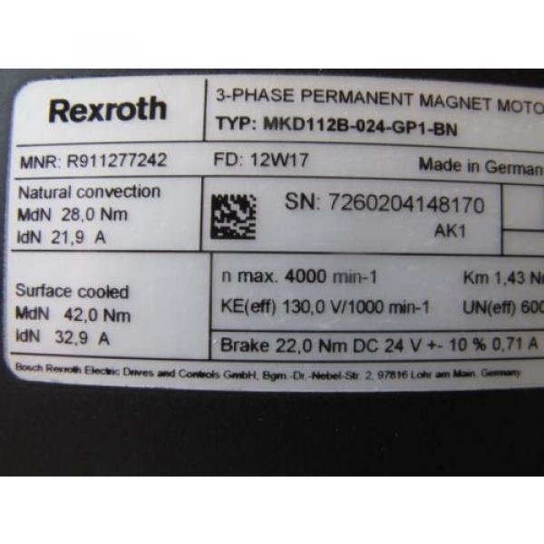 REXROTH MKD112B-024-GP1-BN PERMANENT MAGNET SERVO MOTOR, Origin #12 image