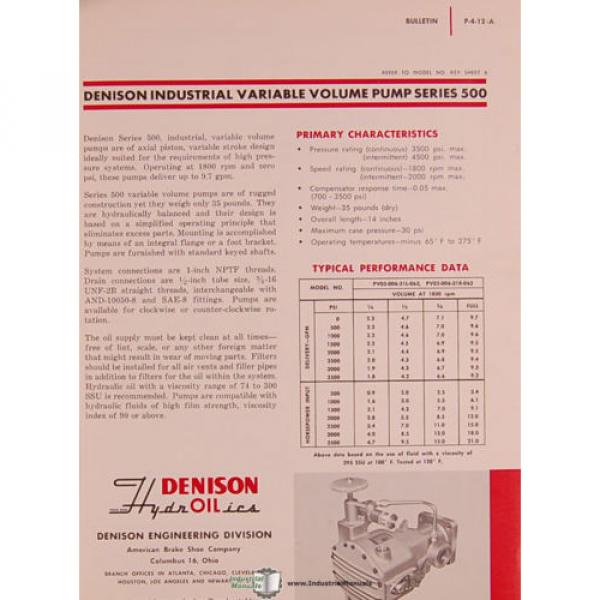 Denison 600, 700 800 Series, Vane Type Pump Motor Service Manual 1964 #4 image